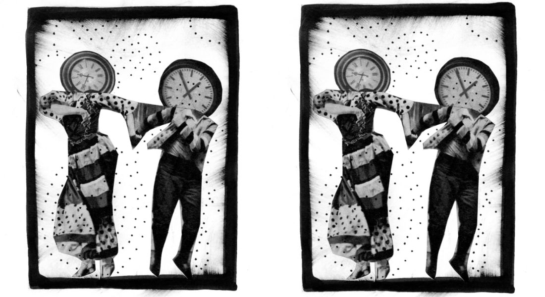 Two humans dancing with clocks for heads