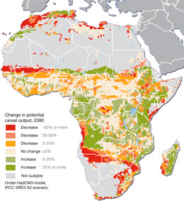 Forventede forandringer i kornproduktion i Afrika som følge af klimaforandingerne. Klik