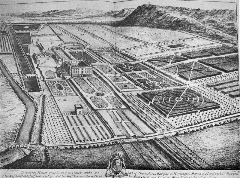 Leonard Knyff (1650-1721) and Johannes Kip (1653-1722) (engraver) Bird’s eye view of Chatsworth House, 1699, from Britannia Illustrata