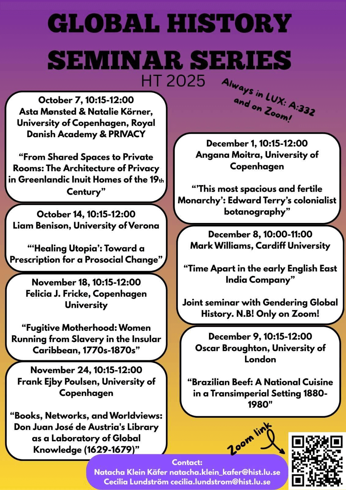 Programme for Lund University's Global History Seminar Series