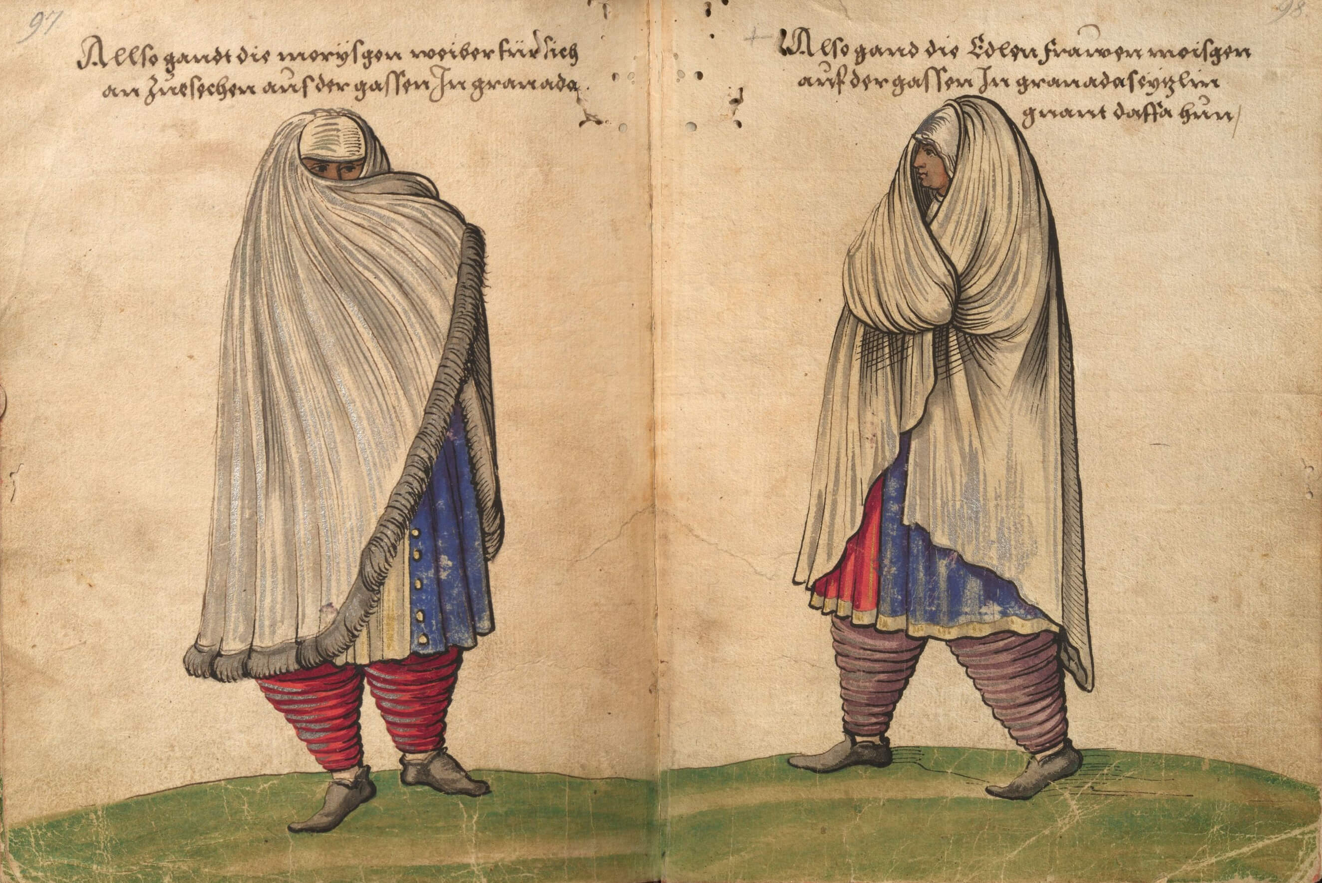 drawing by the German illustrator Christoph Weiditz (16th century), depicting the striking costumes worn by Moorish women in the streets of Granada, shortly before their expulsion from the Iberian Peninsula